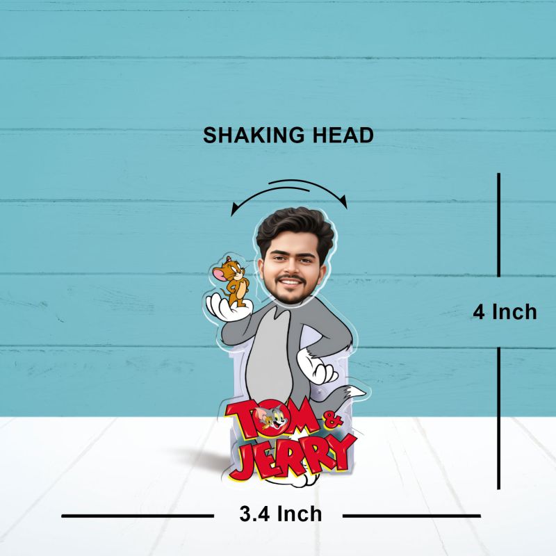 Personalized Tom & Jerry Cartoon Theme Funny Face Caricature Birthday Return Gift for Kids, Girls & Boys Solar Powered Moving Head for Car Dashboard & Table Decor